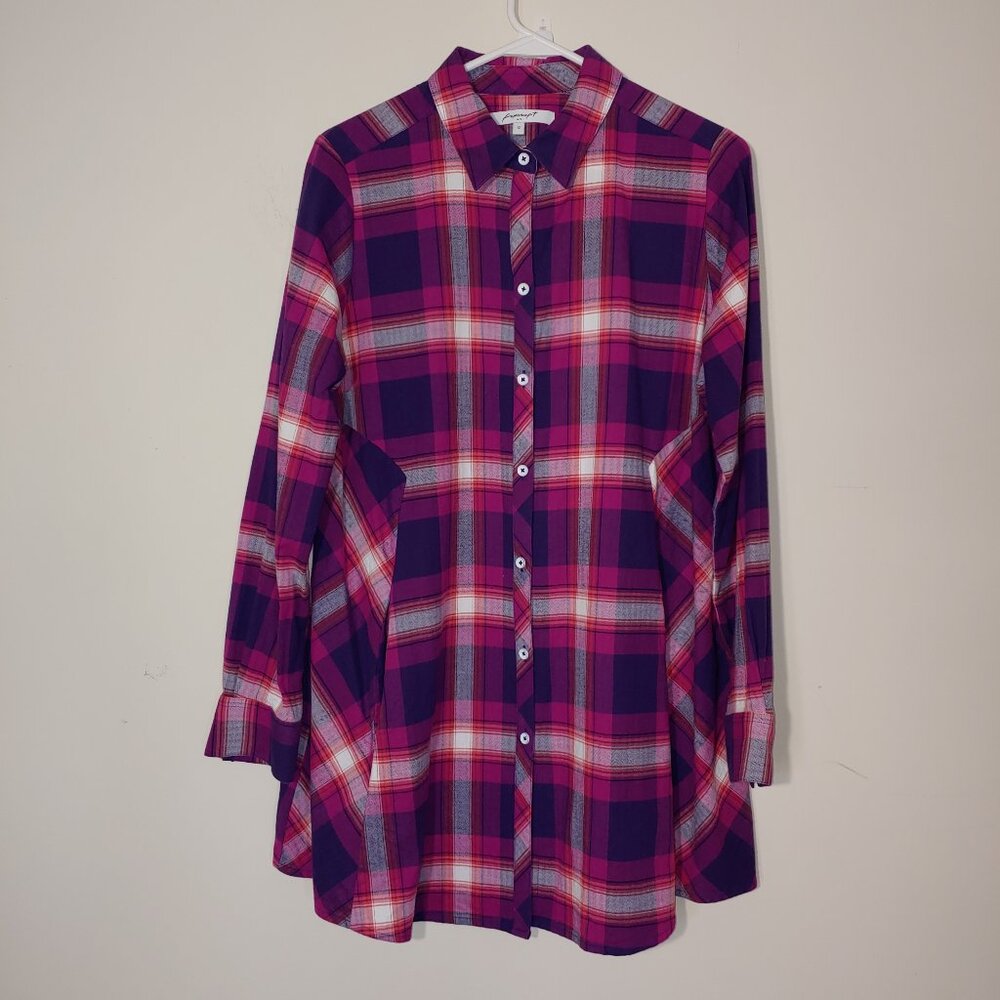 Foxcroft NYC Plaid Flannel Button Up Tunic Shirt Sz 12 Purple